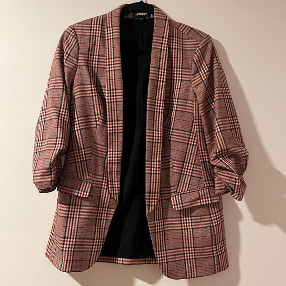 Express Open Front Plaid Blazer Womens M Red & Black Cinched 3/4 Sleeve Jacket - Picture 1 of 5